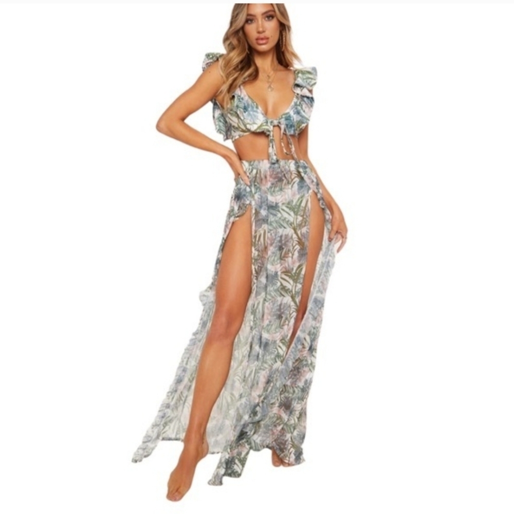 PrettyLittleThing 3-Piece Frill Bikini Set & Mesh Cover-Up Tropical Print Sz 8